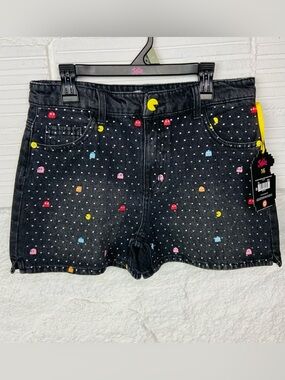 NWT justice Pac-Man Print Black studded Denim mini mom Shorts size 14 & 16